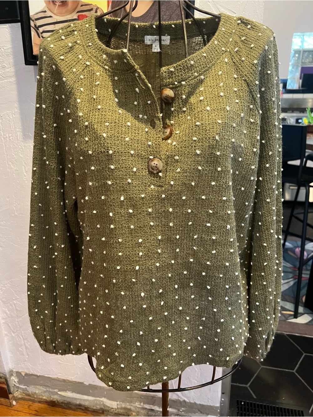 Blu Pepper Olive Knit Pullover with Pearl Dot Accents